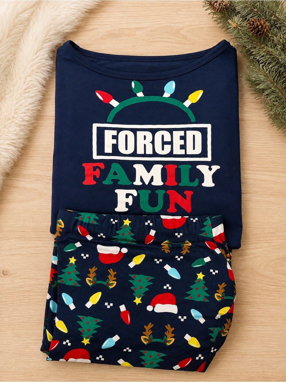 Target Women's Navy 'Forced Family Fun' Holiday Pajama Set with Multicolor Print